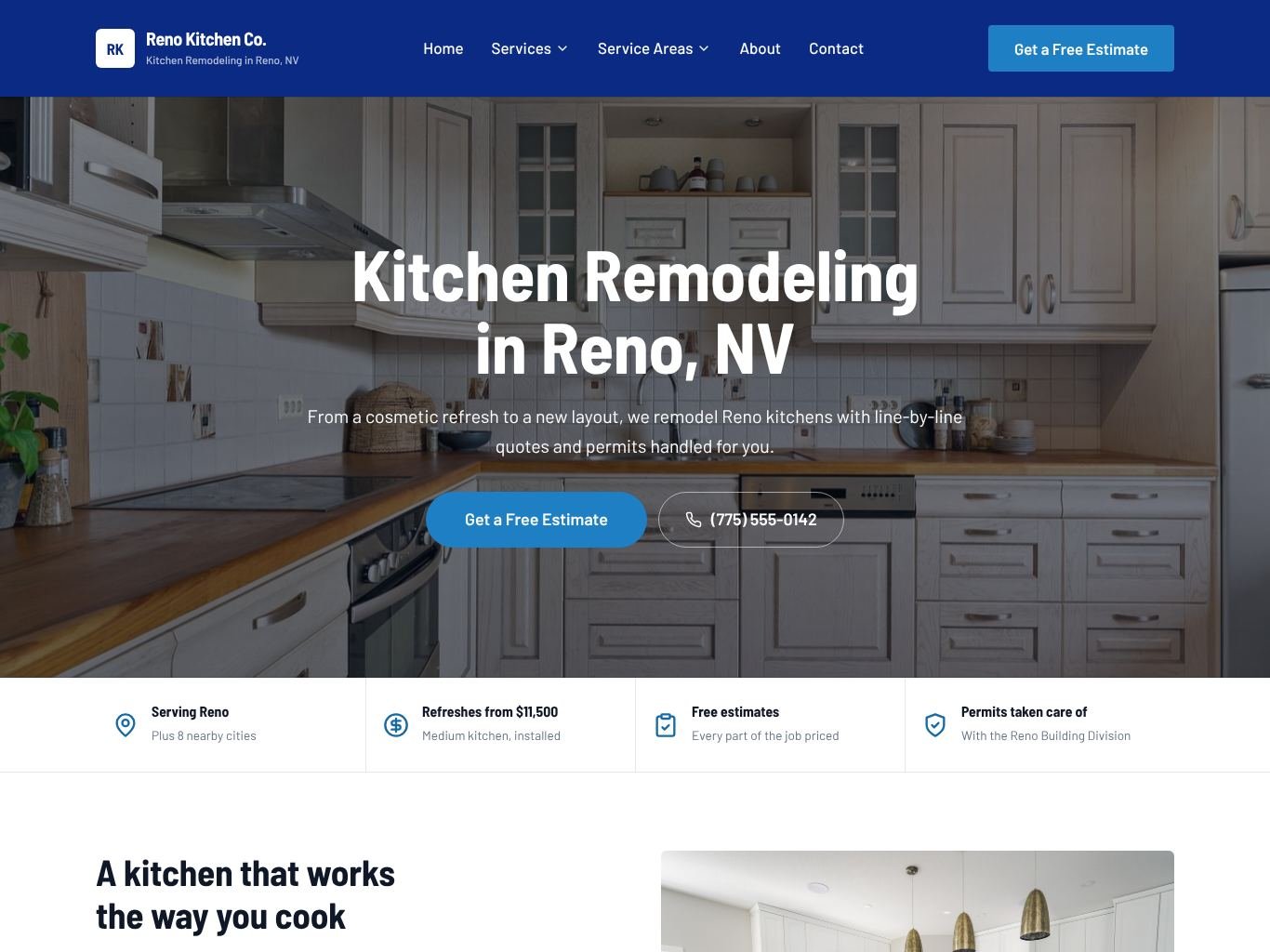A kitchen remodeling rank and rent site built with SetToRank: photo hero, quote buttons, service area and permit highlights