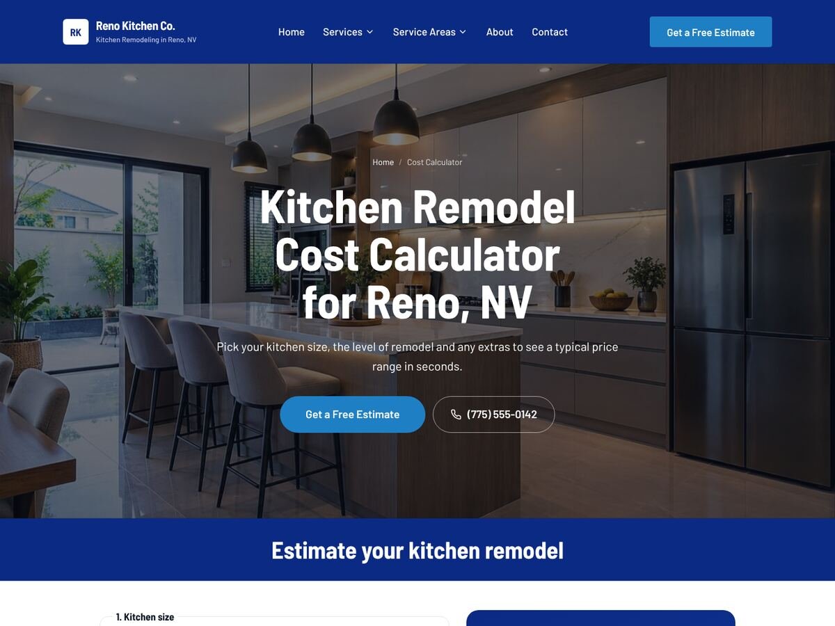 Kitchen remodel cost calculator page on a SetToRank site for Reno NV