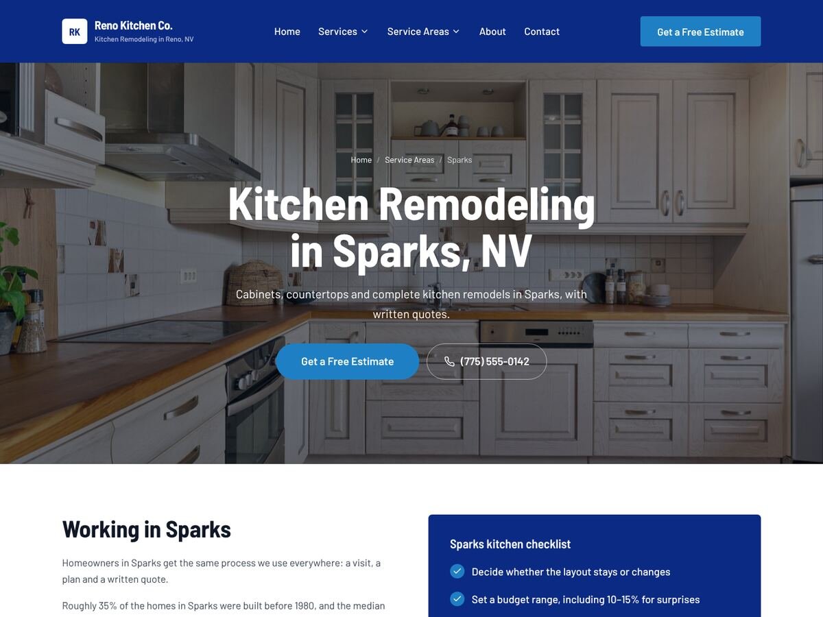 Service area page for Sparks NV on a SetToRank kitchen remodeling site: breadcrumb, city headline, quote buttons and a Sparks checklist