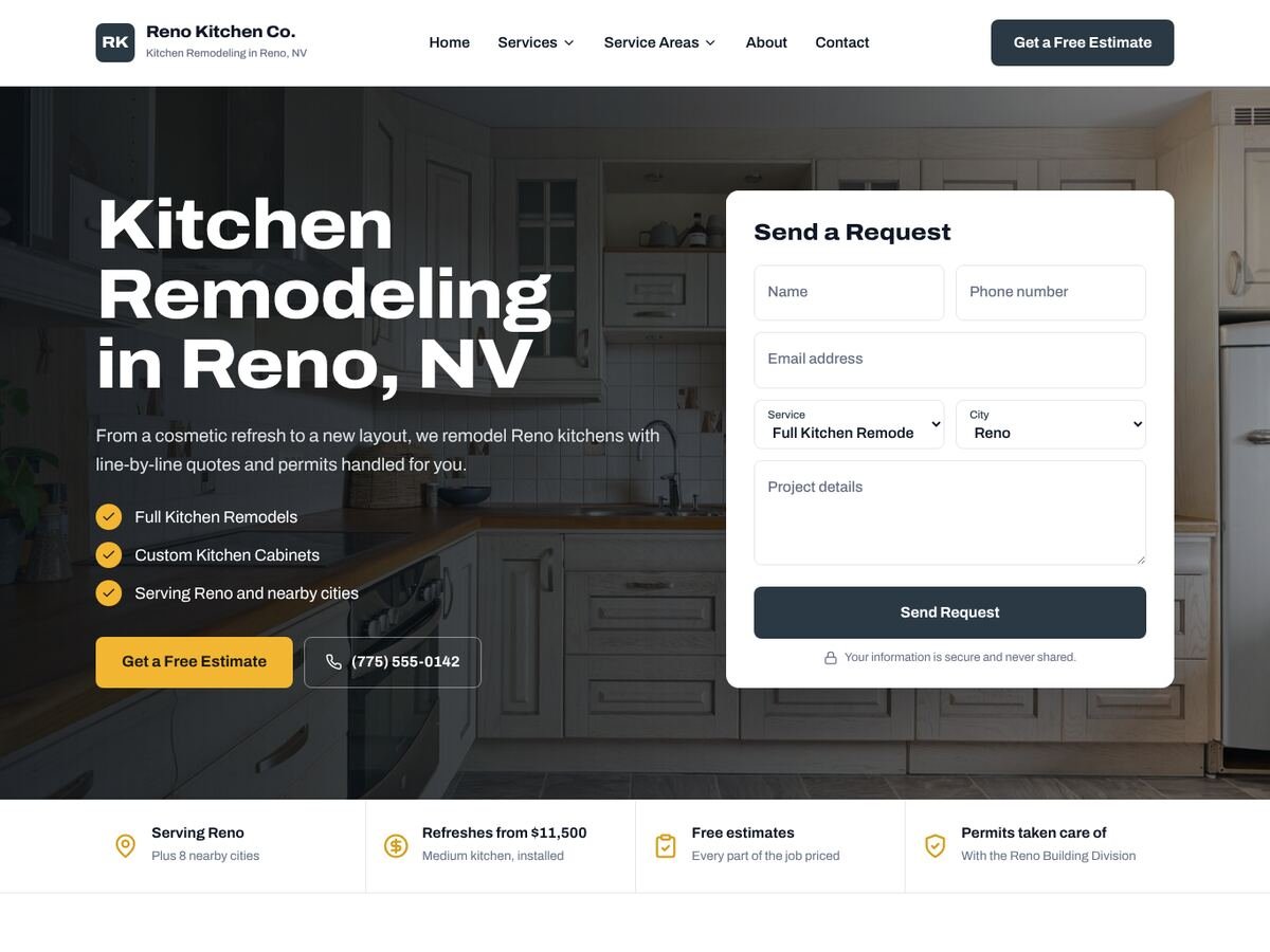 Home page of a SetToRank kitchen remodeling site in Reno NV: photo hero, headline with the city, check-list and a quote form